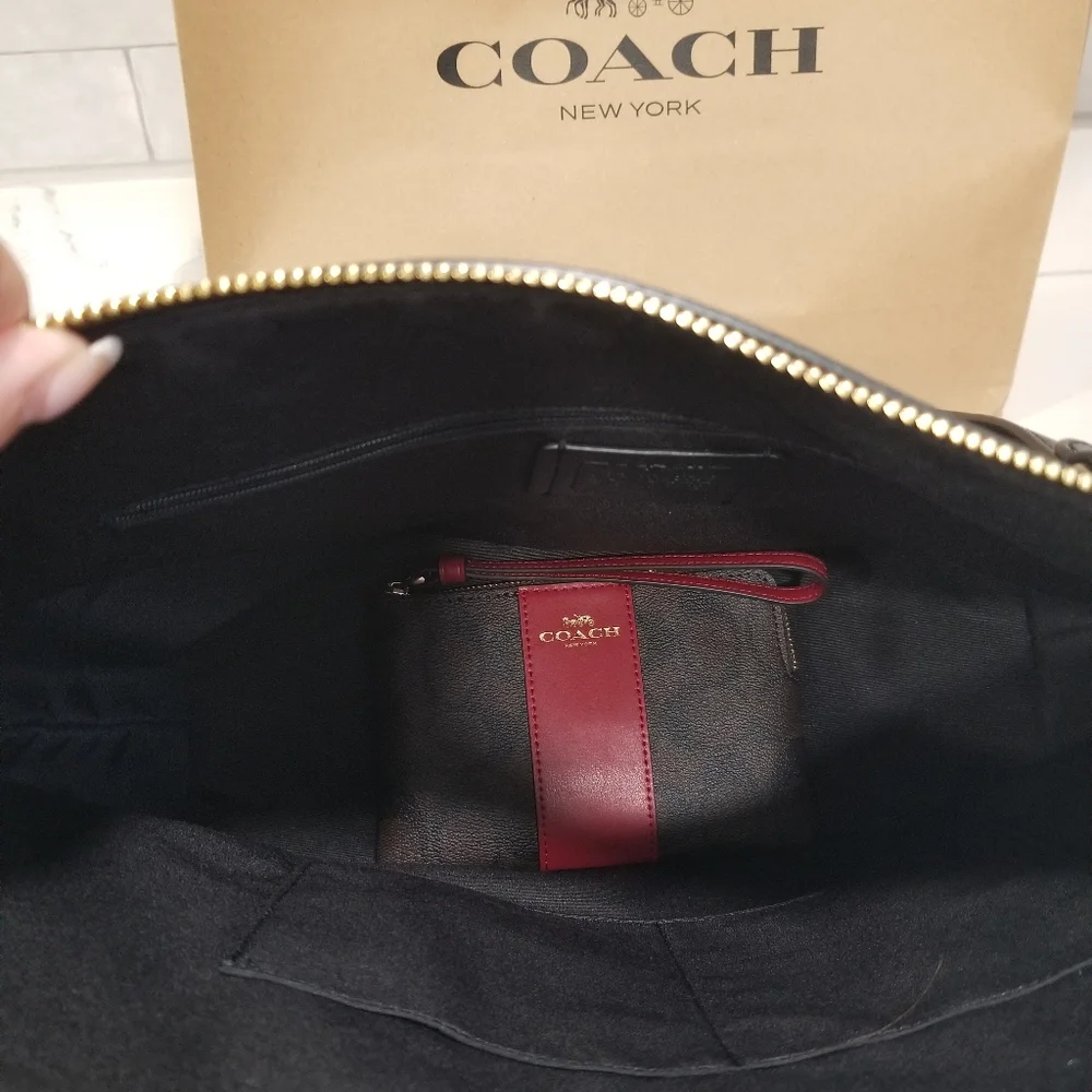 NWT! COACH BROWN/BLACK GALLERY TOTE AND CORNER ZIP WRISTLET WITH RED STRIPE - Picture 12 of 12
